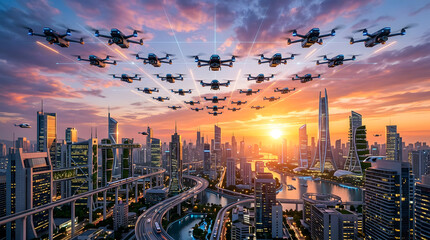 Fototapeta premium A vibrant sunset over the city illuminates the urban skyline, casting a warm dusk light across towering downtown skyscrapers and architectural landmarks