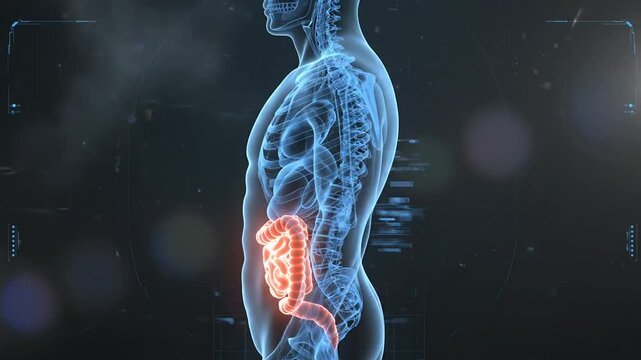 Advanced visual representation of human digestive system with emphasis on intestines in futuristic digital style