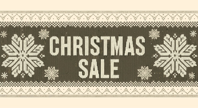 Festive Christmas sale banner design with a brown and white knitted texture featuring large snowflakes and traditional fair isle patterns.