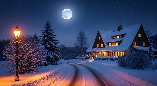 Snowy night scene with house and street lamp under full moon
