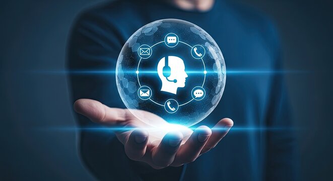 Business professional holding a holographic digital customer service support globe icon in hand with customer hologram technology business communication connectivity futuristic