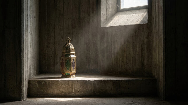 Elegant Arabic lantern placed in concrete alcove, illuminated by soft light
