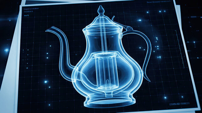 Digital illustration of brass teapot with cross section view, showcasing intricate details