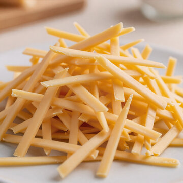 Character Concept Cheese Wedge. A Photorealistic, Detailed Depiction Of Shredded Sharp Cheddar Cheese