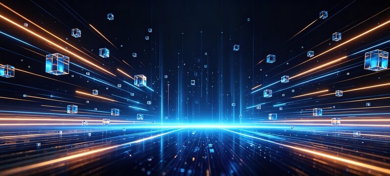 A futuristic data stream background with glowing light trails and floating digital cubes, ideal for tech, big data, blockchain, 5G, internet speed, and digital transformation marketing visuals.