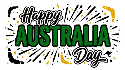 Obraz premium Happy Australia Day Bold Green Black Brush Typography with Boomerangs Kangaroo Silhouette and Gold Splash Illustration