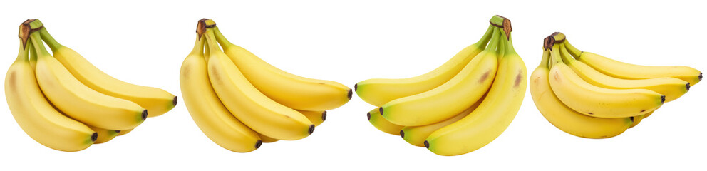 A bright, inviting photograph of several ripe yellow bananas in various bunches, isolated on a transparent background. © FoodPNG