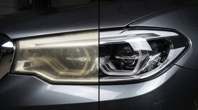 Before and after comparison split-screen of a dirty and a restored polished car headlight.