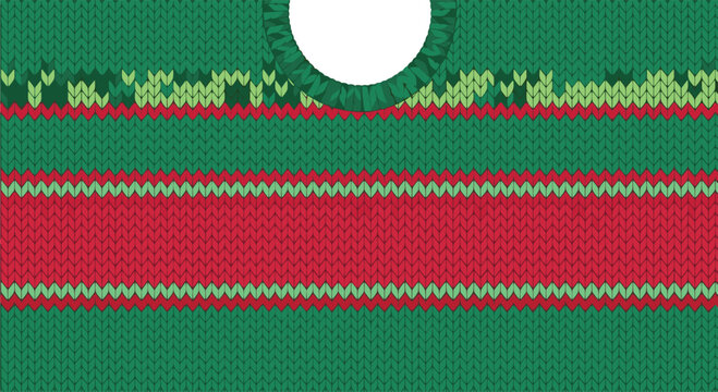 Traditional green and red knitted holiday sweater pattern featuring horizontal stripes and decorative zig zag motifs on a textured base.