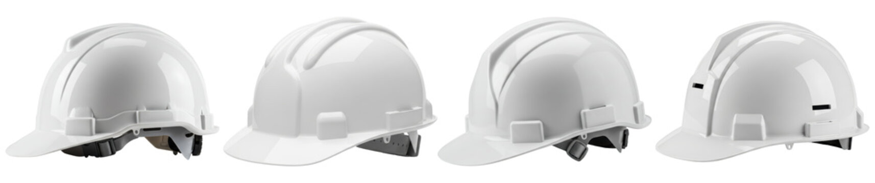 Four white construction safety helmets displayed from various angles, ready for site use and protection.