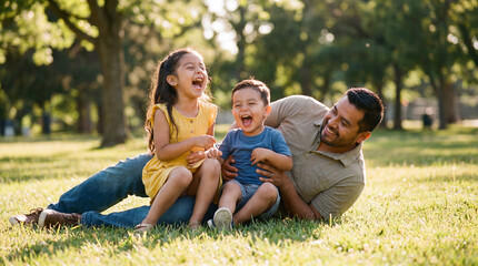 Father's Day joy with Latino dad and two laughing children playing in park grass for family celebration greeting card social media poster holiday advertising