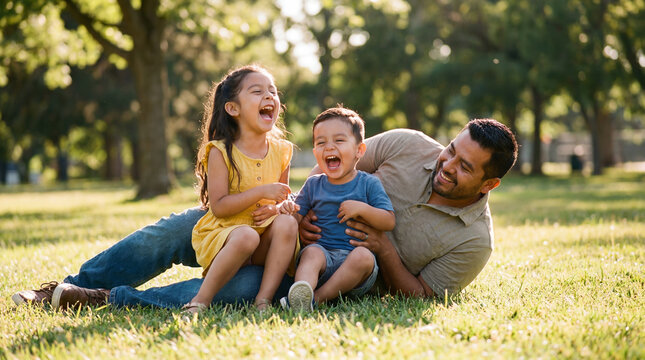 Father's Day joy with Latino dad and two laughing children playing in park grass for family celebration greeting card social media poster holiday advertising