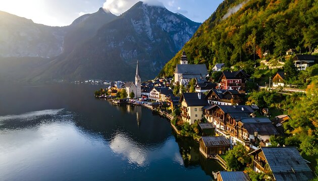 Scenic village on serene lake shore.