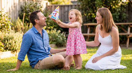 Fototapeta premium Father's Day gift with family dad mom daughter giving hat in backyard for greeting card poster social media holiday celebration advertising campaign content