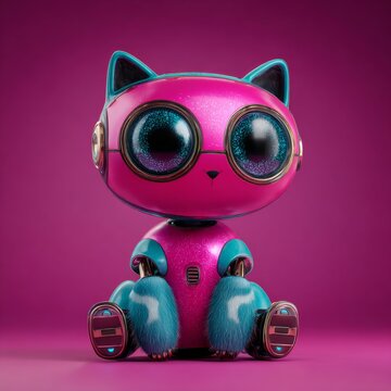 Cute robot cat cartoon style pink fur oversized eye sparkly eye teal ear futuristic toy isolated