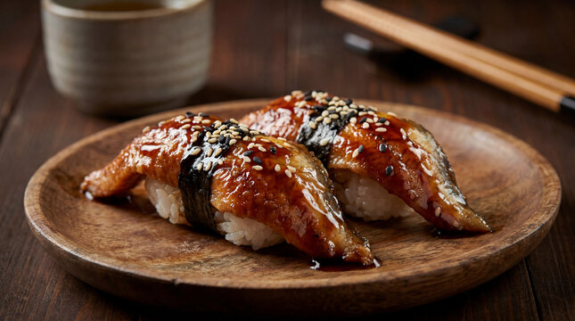 International Sushi Day eel nigiri sauce glaze sesame wooden plate for holiday food celebration culinary promotional restaurant menu design