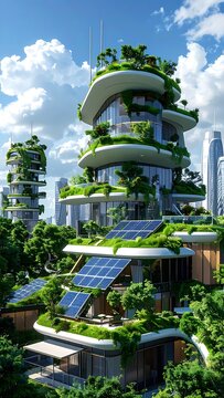 Sustainable green skyscraper with solar panels.