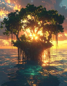 Tree island in the ocean at sunset.