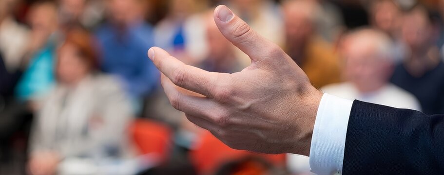 Close Up of Public Speaker Hand Gesturing on Stage with Blurred Audience Background