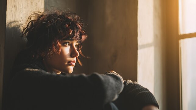 Young person sitting quietly near a window, soft morning sunlight