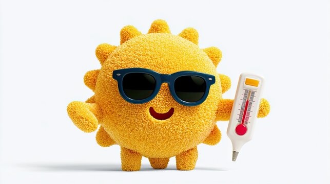 Fluffy cartoon sun character with sunglasses holding high temperature thermometer, summer heat concept on white background