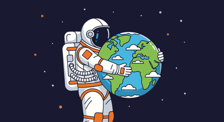 Astronaut hugging planet Earth in outer space with stars and clouds, illustration © Untung