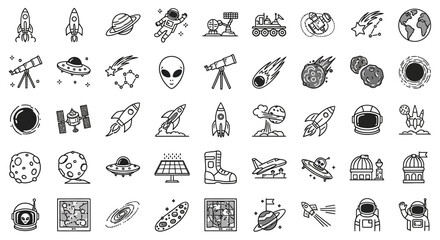 Space Icons Set: Planets, Rockets, Astronauts, Aliens, UFOs, Telescopes, and More © Untung