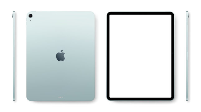 Photorealistic detailed Apple iPad Air M4 13 inches 2026 Blue mockup.  Real dimentions. Front, rear and side views isolated on white background with shadows. Vector editorial illustration