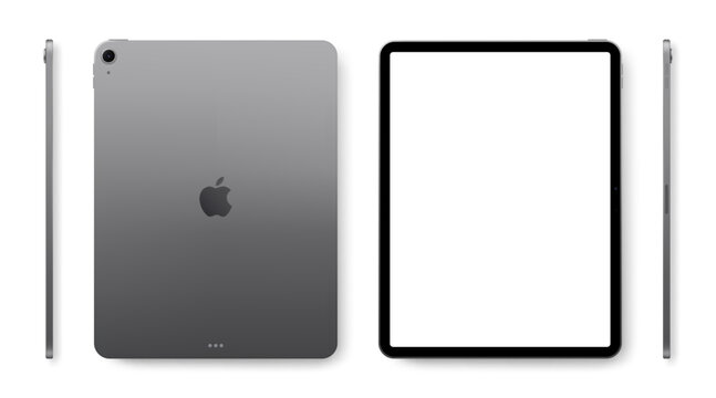 Photorealistic detailed Apple iPad Air M4 13 inches 2026 Space Grey mockup.  Real dimentions. Front, rear and side views isolated on white background with shadows. Vector editorial illustration