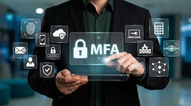 Businessman pointing at MFA lock icon on digital screen for cyber security