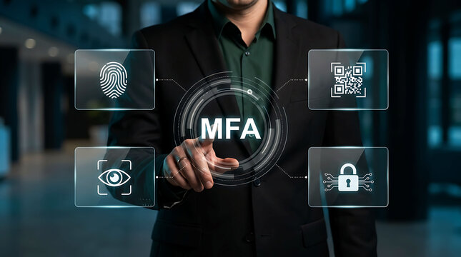Businessman pointing at MFA center button with biometric verification options