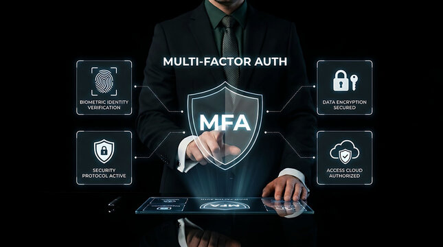Businessman activating MFA shield icon for secure multi factor authorization