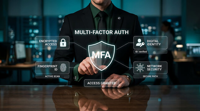 Businessman pointing at MFA shield interface for multi factor authentication