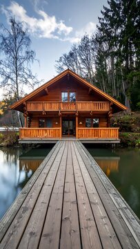 Wooden cabin on serene lake dock.