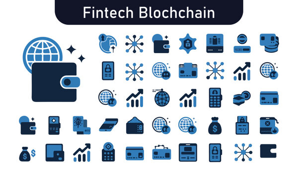 A comprehensive collection of over 30 flat design icons representing Fintech and Blockchain technology concepts. This modern set features symbols for digital wallets, global transactions, data securit