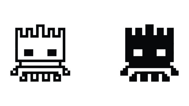 Pixel art monster icon set in outline and solid glyph style vector