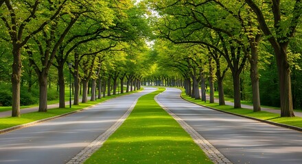 Tree lined road with grassy median on sunny day in park