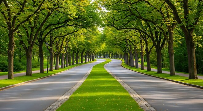 Tree lined road with grassy median on sunny day in park