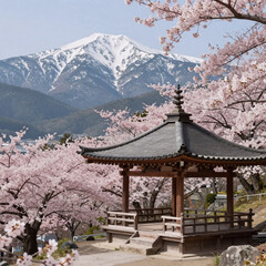 Fototapeta premium Fantasy Art Gazebo East. Image Of Sakura Blooming In The Mountains With A Traditional Japanese Gazebo