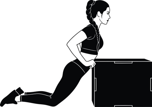 Fit woman performing tricep dips exercise on bench black and white silhouette