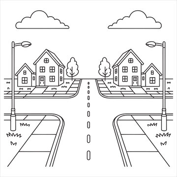 Residential street corner with two semi-detached houses and street lamps