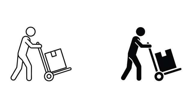 Person pushing hand truck icon set in outline and solid glyph style vector