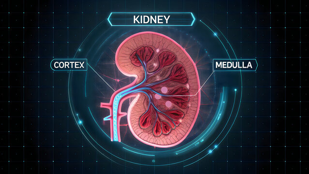 Anatomical kidney with cortex and medulla labeled