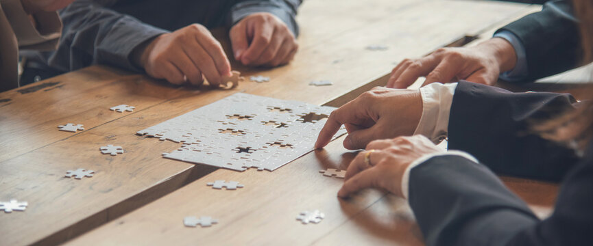 Banner Business connections strategy synergy team solution. Banner Implement puzzle improve communication solve synergy team connection plan trust strategy. Piece of jigsaw assembly with copy space