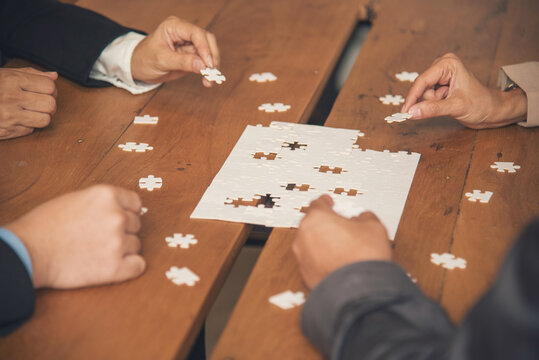 Unified synergy assembly business game implementation multiple puzzle meeting. Business connections strategy synergy team solution. Implement puzzle improve communication solve synergy organize team