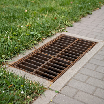 Soft Shading Storm Drain. Side View Of A Footpath Featuring An Iron Grate Storm Drainage System And Green Lawn