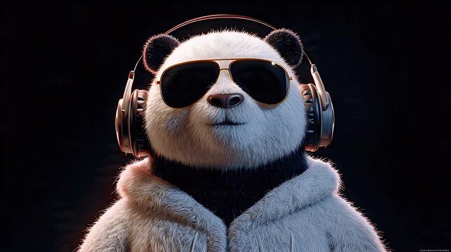 Cool panda sporting sunglasses and headphones, wearing a cozy hoodie