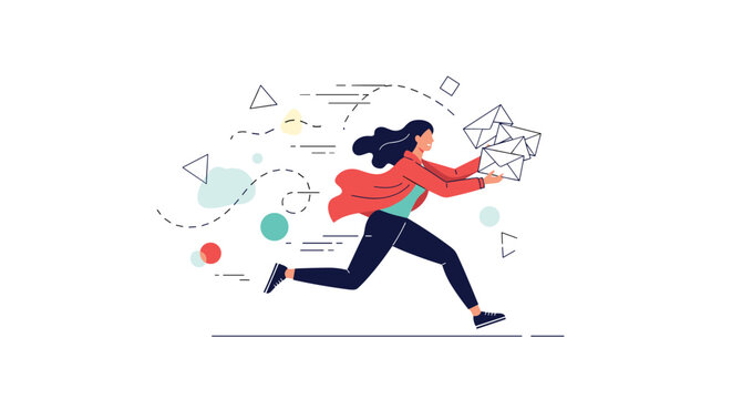 Energetic female courier runs fast while carrying stack of envelopes to ensure quick delivery of mail and letters to customers.
