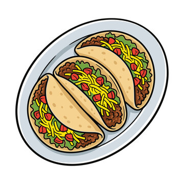 Delicious plate of three hard shell mexican beef and cheese tacos vector illustration.