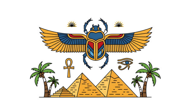 Winged Scarab Beetle and Great Pyramids Egyptian Mythology Illustration